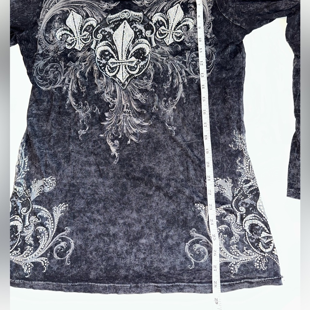 Vocal Women’s Long Sleeve Top Black Gray Fleur De Lis Embellished Made in USA - Picture 6 of 9